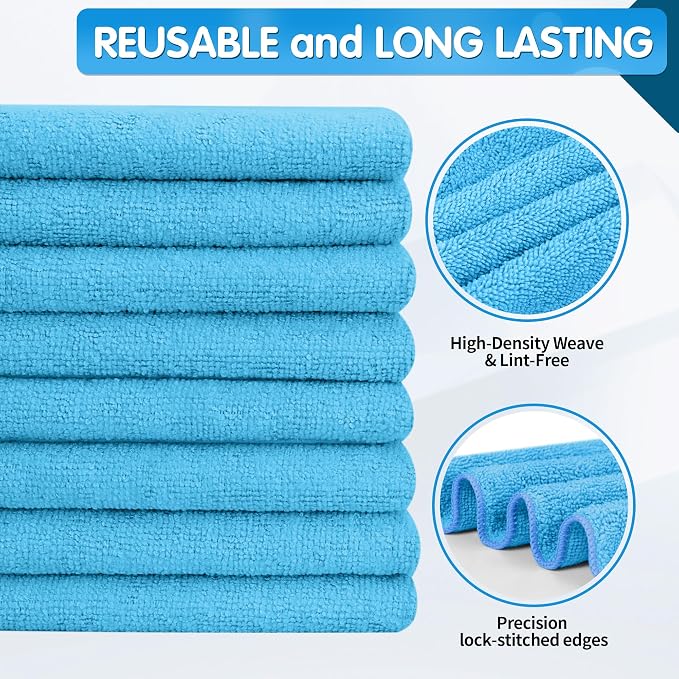 Blue Microfiber Cleaning Cloth -Pack of 12, Highly Absorbent Cleaning Rags, 16"X12" All Purpose Cleaning Towels for Housekeeping, Kitchen, Car, Lint Free and Reusable Microfiber Towels