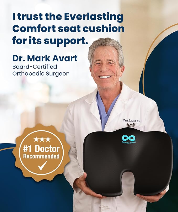 Doctor Recommended Memory Foam Seat Cushion for Office Chairs & Car - Ergonomic Office Desk Accessories - Cushions for Tailbone Pain Relief, Sciatica (Black, Large)