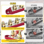 Power Distribution Block Bus Bar, 4 x 3/8" Post Marine Bus Bar Battery Busbar Terminal Block with Cover, Lugs, Ring Terminals (Pair, Red & Black)