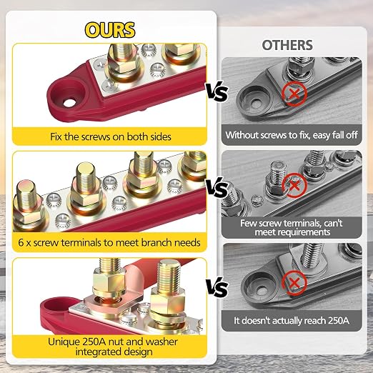 Power Distribution Block Bus Bar, 4 x 3/8" Post Marine Bus Bar Battery Busbar Terminal Block with Cover, Lugs, Ring Terminals (Pair, Red & Black)