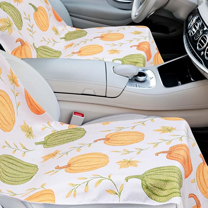2 Pack Car Seat Towel Covers with Storage Bag, 63 x 32 Inch Universal Non Slip Waterproof Sweat Protector for Car Truck, Gym Swimming Running, Machine Washable (Yellow Pumpkin,Green Pumpkin)