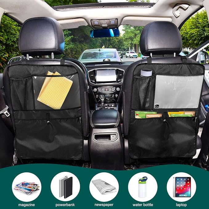 Black Car Seat Organizer for Kids Backseat Kick Mat with Adjustable Strap Back of Seat Protectors for Vehicle Car SUV 2 Pcs