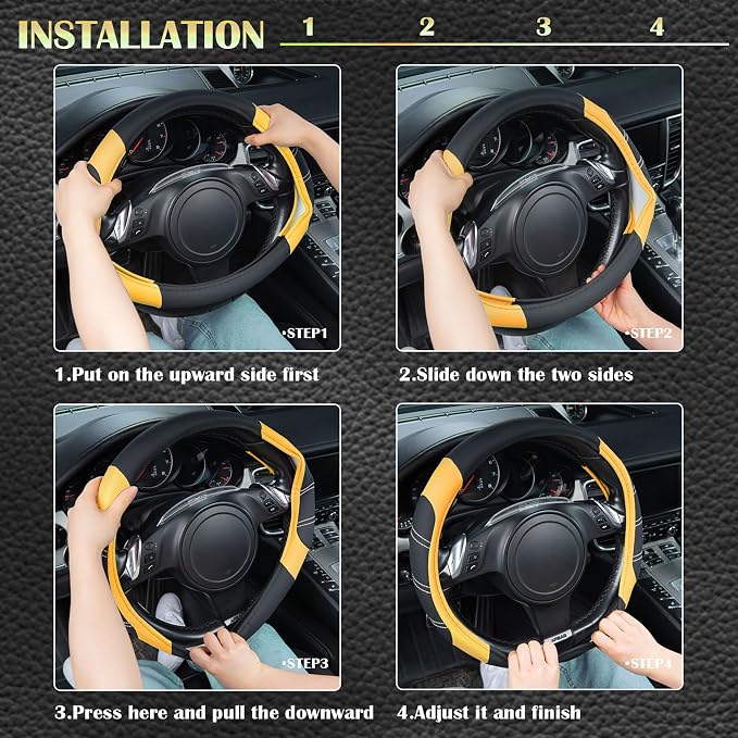 Line Rider Microfiber Leather Sporty Steering Wheel Cover Universal Fits for 95% Truck,SUV,Cars,14.5-15inch Anti-Slip Safety Comfortable Desgin (Black-Yellow)