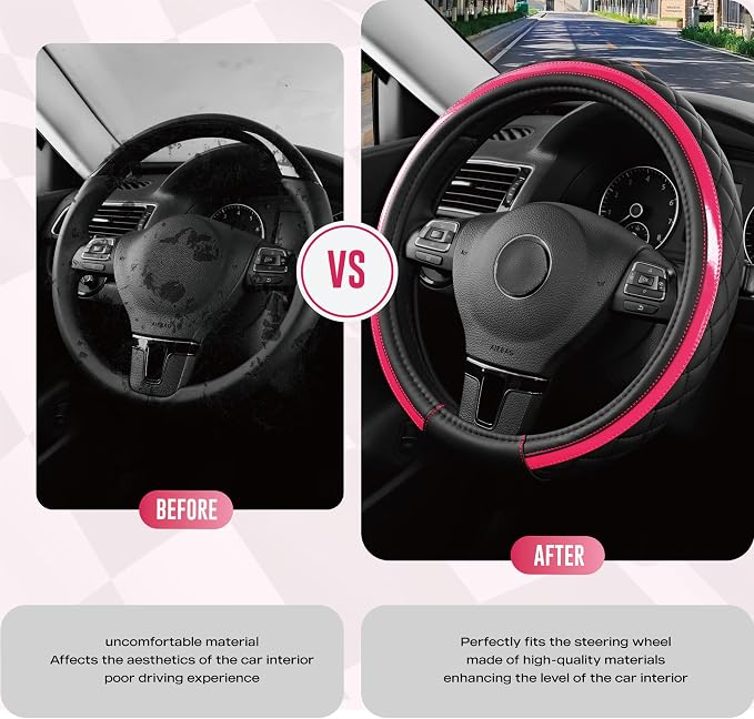 Leather Steering Wheel Cover – Black & Hot Pink, Universal Fit 14.5-15 Inch, Microfiber Leather, Anti-Slip & Breathable Design for Men and Women