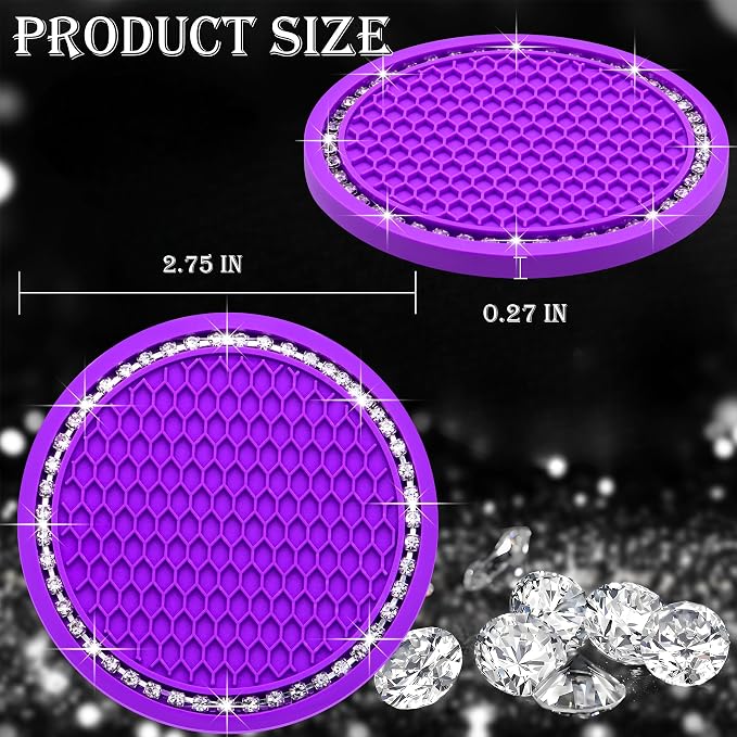 4PCS Bling Cup Holder Coaster, 2.75 Inch Auto Car Cup Holder Insert Coasters, Soft Silicone Anti-Slip Shockproof, Universal Vehicle Interior Accessories for Women Girls (Purple & White)