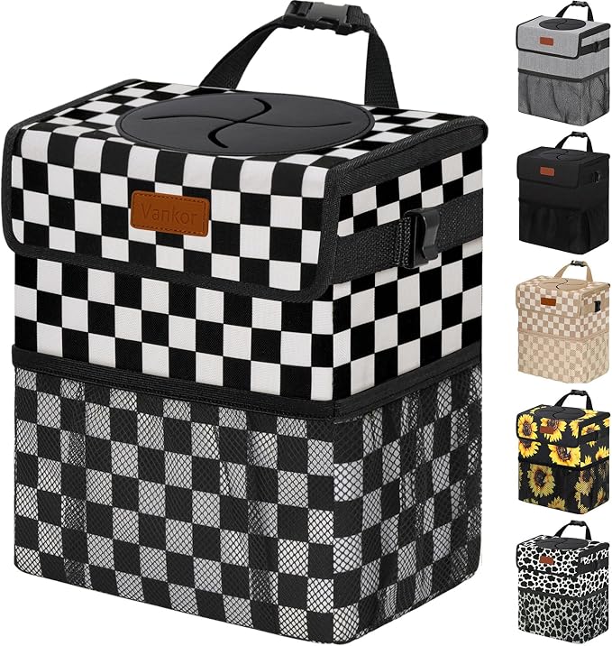 3 Gallons Car Trash Can with Lid, Bag Bin Hanging Waterproof Automotive Car Garbage Cans Leak Proof Vehicle Trash Can for Truck SUV, Black White Checkered
