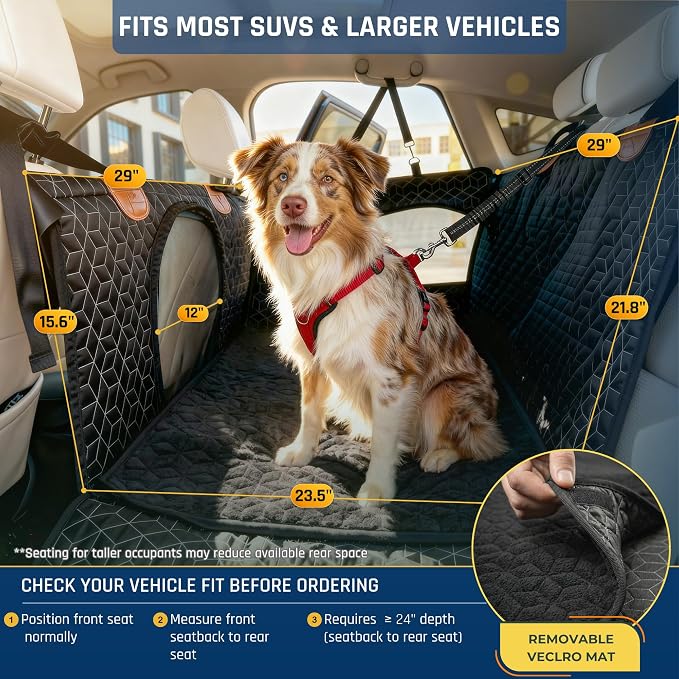 Dog Car Seat for Large Medium Dogs, Back Seat Extender for Pets with Hard Bottom, Waterproof Dog Seat Cover with 3 Mesh Windows, Removable Fleece Mat for Cars SUVs Trucks