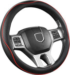 Customized Auto Car Steering Wheel Cover for Dodge RAM 1500 2500 3500, 15.5-16 inch (Black+Red Line-Large Size)