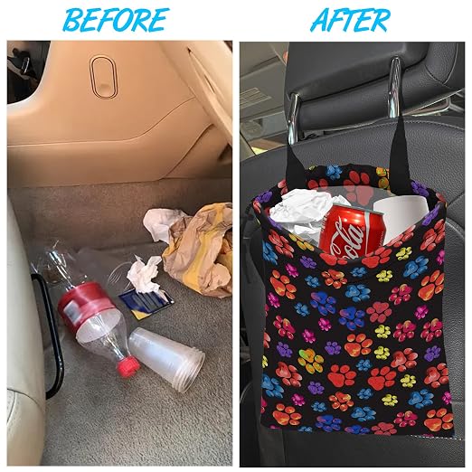 Car Trash Bag Rainbow Animal Paw Print Car Garbage Bag Hanging Car Trash Can for Back Seat with Drawstring