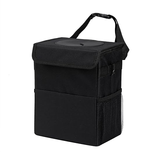 AOKJOY Car Garbage can with lid Leak Proof Vehicle Trash Can 3 Storage Pockets Hanging Waterproof car Trash Bag for SUV Black