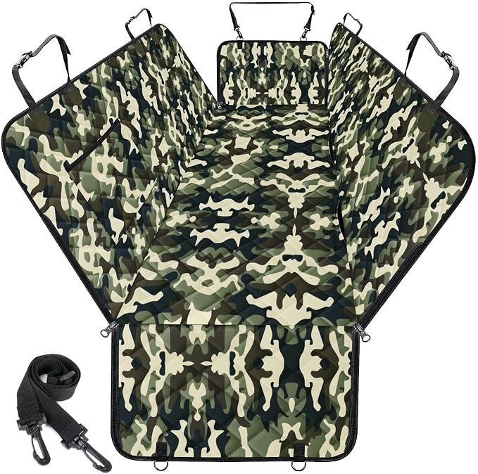 Waterproof Dog Car Seat Cover for Back Seat, Pet Hammock- S, Camouflage | Durable waterproof hammock with nonslip design & storage pockets. Protects seats from scratches, fits cars, SUVs & trucks.