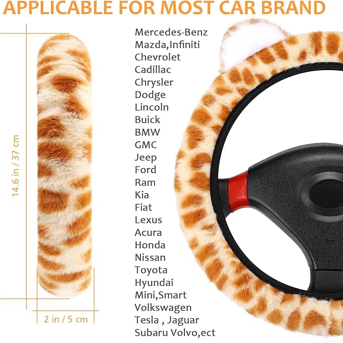 Fuzzy Leopard Print Car Steering Wheel Cover Women Car Accessories | Soft Furry, Non-Slip, Elastic Steering Wheel Covers, Universal 15 Inch Fit Auto, Suvs, Truck