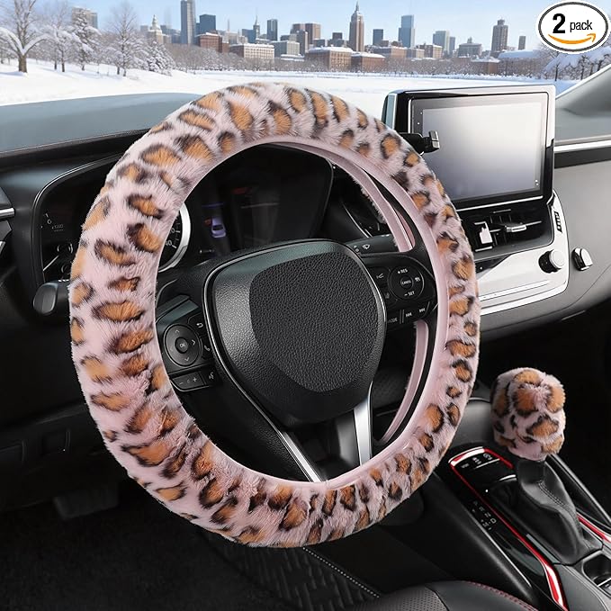 Furry Car Steering Wheel Cover with Gear Shift Cover, Soft and Warm, Cute Fluffy Auto Decor for Women Men, Standard Size, 2 PCS Set, Pink Leopard