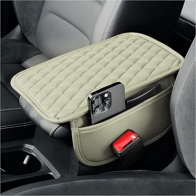 carleef Thin Arm Rest Cover for Car,Leather+Memory Foam Center Console Cover with Storage Bags,Universal Middle Console Cover Car Accessories Interior for Most Cars Center Consoles (Light Beige)