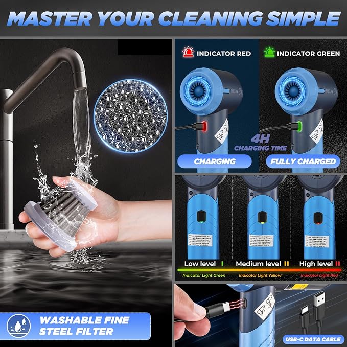 Portable Car Vacuum Cleaner Cordless High Power 17000PA 3 in 1 Foldable Handheld Vacuum Cordless with Brushless Motor for Inflation,Dust Blowing,Home Car Cleaning HL132 Blue