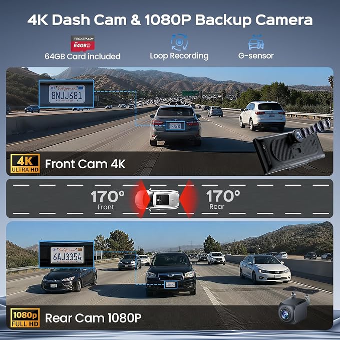 10.26" Portable Apple CarPlay Screen for Car with 4K Dash Cam and 1080P Backup Camera, Wireless Car Play & Android Auto, OTA, GPS Navigation, Voice Control, Mirror Link