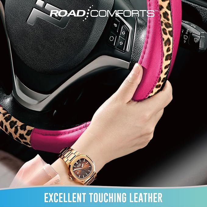 Steering Wheel Cover - Made with PVC Leather and Leopard Fabric - Universal 14 1/2 inches to 15 inches for Most Automotive Steering Wheel - Cheetah Print -Hot Pink