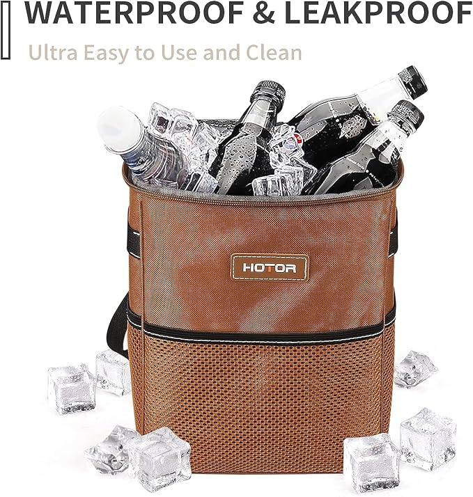 Brown Car Trash Can with Adjustable Strap, Magnetic Snaps, Waterproof Lining, and Storage Pocket