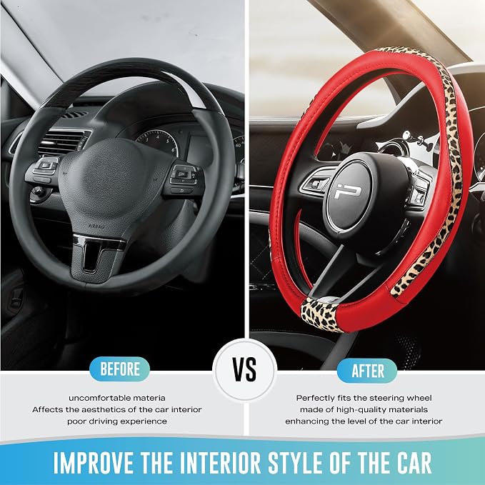 Steering Wheel Cover - Made with PVC Leather and Leopard Fabric - Universal 14 1/2 inches to 15 inches for Most Automotive Steering Wheel - Cheetah Print -Red