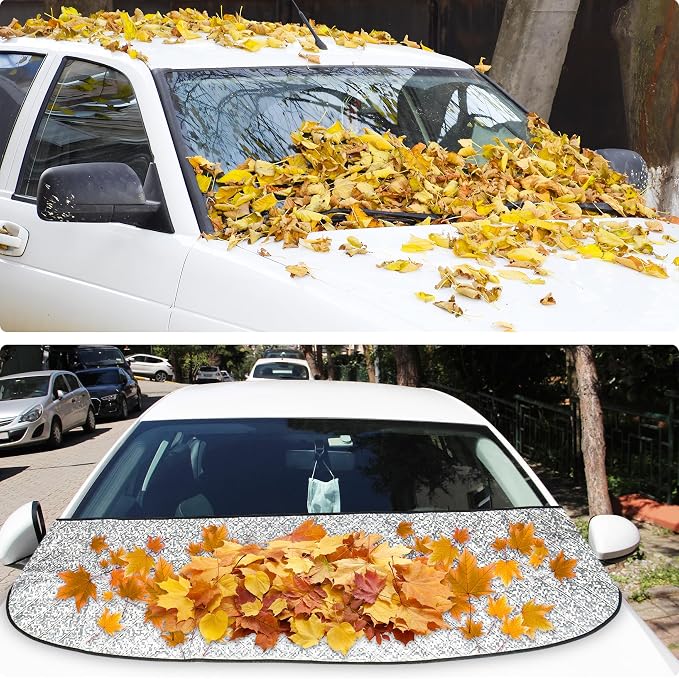 Car Front Windshield Cover Shade, 66.9"×17.7" Windshield Snow Cover for Fallen Leaf Dust and Snow, Universal Windshield Protector for All Seasons(Silver)