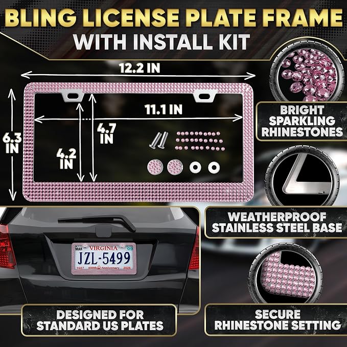 Pink Car Accessories Set, 27 Pieces – Bling Car Accessories for Interior Styling with Rhinestone Details for Daily Use, Universal Fit Kit for Steering Wheel, Vents, Mirror Area, Great Gift for Women