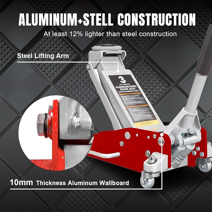 3 Ton Floor Jack,Aluminum and Steel Hydraulic Low Profile Car Jack with Dual Piston Quick Lift Pump,Lightweight Racing Floor Jack for Vehicle,6,000 lb Capacity,Red,TAM830011L