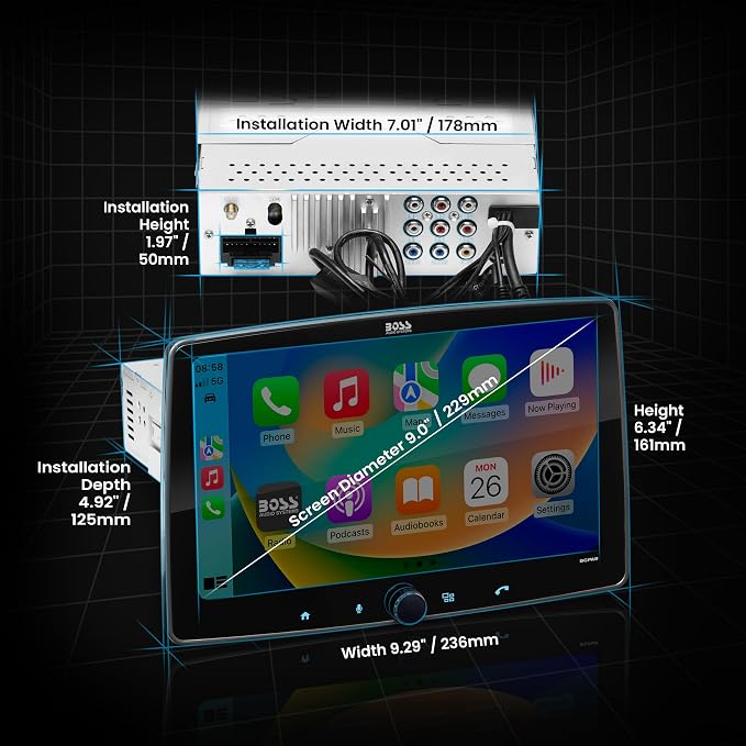 BCPA9 Single DIN Car Stereo Wireless Apple CarPlay, Android Auto, 9 Inch Touchscreen, Bluetooth, AM/FM Radio Receiver