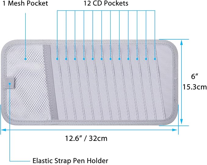 Car CD Case Holder, Vehicle Sun Visor Organizer for Cars with 12 DVD Storage Sleeves, 1 Mesh Pocket, 1 Pen Holder and Elastic Strap, Gray