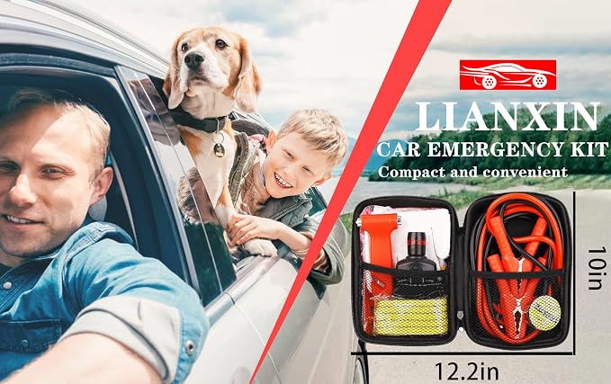Car Roadside Emergency Kit, with Jumper Cables Automotive Kit,Car Safety Roadside Assistance Kit Headlamp,Tow Straps, Safety Hammers, Rainwear, Gloves.Black