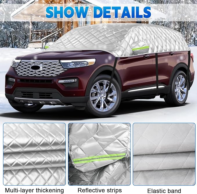 Half Car Cover for XL SUV Sunroof & Windshield Cover for Ice and Snow, All Weather Vehicle Body Cover for Sun, Rain, Dust（157"x59"）