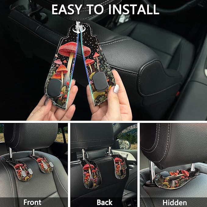 2PCS Car Seat Back Storage Headrest Hooks, Mushroom Purse Holder Bags Hanger, PU Leather Double Metal Hook for Backseat Organizer, Women Car Accessories Organization
