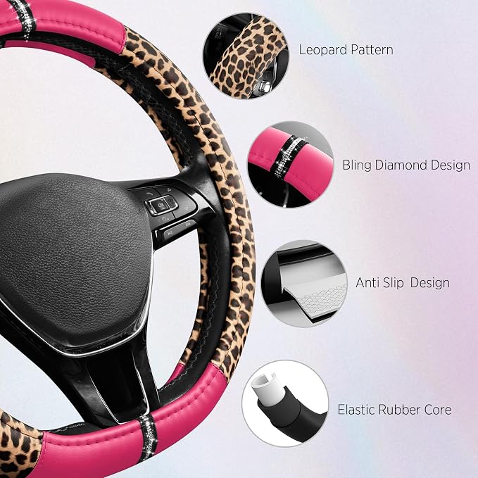 Leopard Steering Wheel Cover for Women, Cute Anti-Slip Microfiber Leather, Fits D Shape Flat Bottom Steering Wheel 14.5-15 Inch - HotPink
