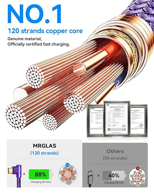3.2A USB C Charger Cable, [4-Pack,10+6.6+3.3+1.6FT] USB A to USB C Right Angle Gold-Plated Type C Charger Fast Charge Durable Braided Cord for iPhone 17 16 15 Samsung S10 Note 10 S21 LG-Purple