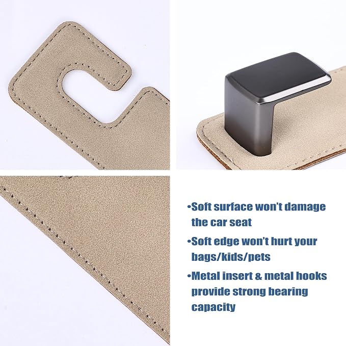Car Seat Back Hook Universal Auto Storage Hanger Suede with Metal Car Seat Organizer for Handbag Purse Coat Umbrellas Grocery Bags 2 Pack Beige