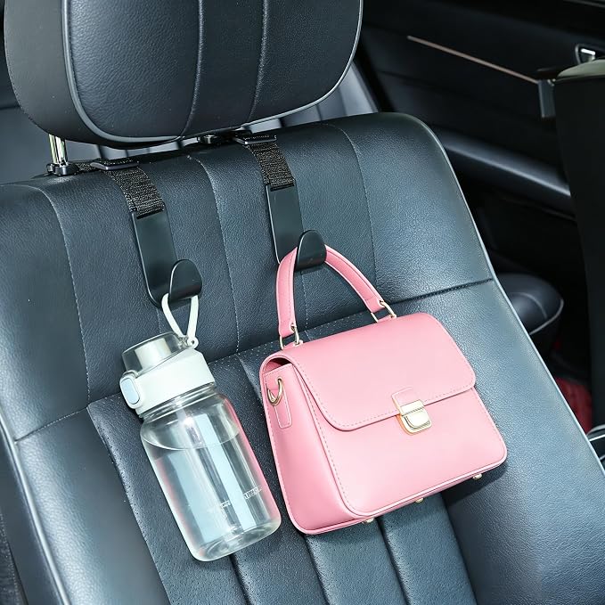 Adjustable 4-Pack Car Headrest Hooks - Universal Seat Back Organizer with Heavy-Duty Clip for Purses, Bags & Groceries Black