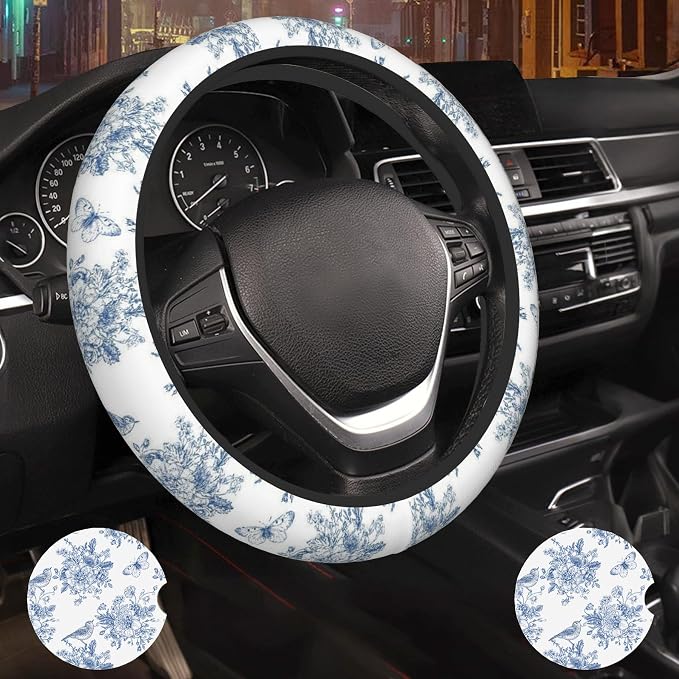 Vintage Blue Flower Car Steering Wheel Cover