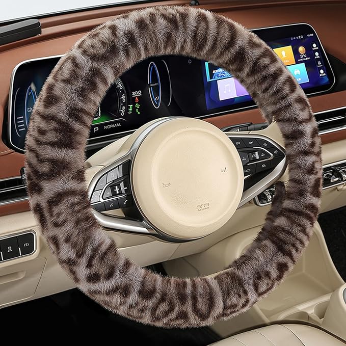 Fluffy Cheetah Car Steering Wheel Cover Luxurious Faux Fur Leopard Print Cute Wheel Protector Universal 15 Inch Fit for Vehicle, Car, Auto, SUV Winter Warm (Gray)