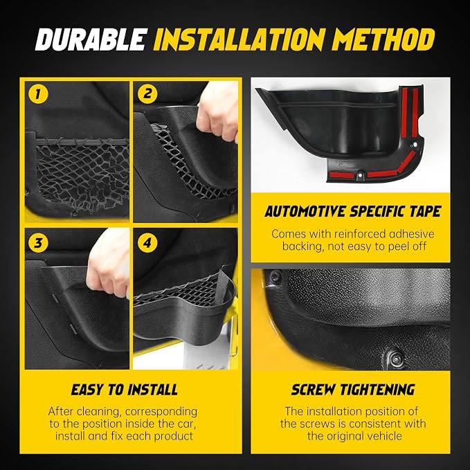 JK Storage Pockets for Jeep Wrangler, Front & Rear Door, 4 Pcs | Compatible with 2011-2018 Jeep Wrangler JK JKU 4 Door, Front and Rear Door Pockets, Interior Storage Accessories, Black