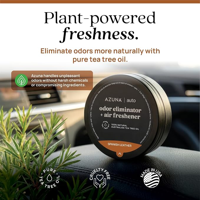 Car Air Freshener & Auto Odor Eliminator Pods Trio | Spanish Leather | Plant Powered by 100% Australian Tea Tree Oil | Long Lasting and No harsh chemicals | Made in USA | 3 Pack of 2oz Pods
