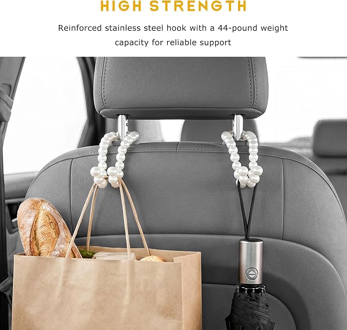 2 PCS Elegant Pearl Car Seat Headrest Hook, Cute Pearl Back Seat Hanger Auto Interior Decoration, Exquisite Vehicle Headrest Storage Organizer for Handbags Coats Keys