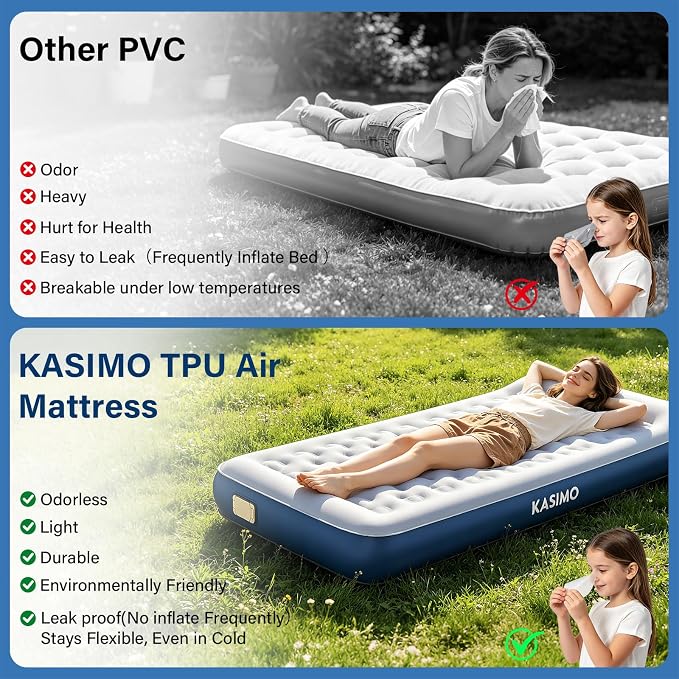 Twin Camping Air Mattresses with Cordless Battery Pump,TPU Self Inflatable Mattress, Blow up Mattress All Night Stability No Smell Air Bed for Tent Camping, Home, Guests, Car Travel