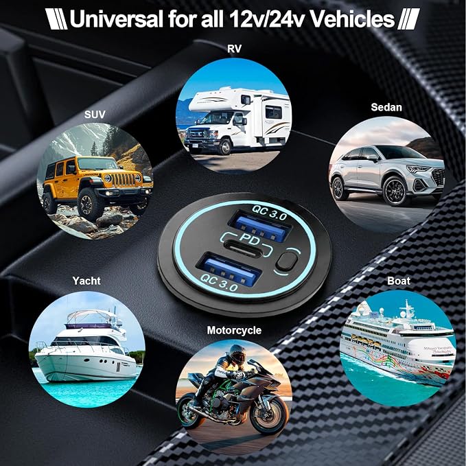 12v usb charger, PD 20W USB-C Power Socket and 18W QC3.0 Socket Waterproof Power Outlet 12V/24V with Power Switch 12V USB C Outlet for Car Golf Cart Boat Marine Bus Truck RV Marine Motorcycle etc.
