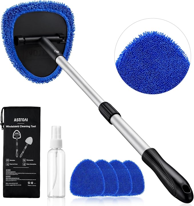 32" Ultra-Long Windshield Cleaner Tool, Car Interior Window Detailing Cleaning Kit with Extendable Handle and 4 Upgraded Reusable Microfiber Pads, Auto Glass Wiper Brush Kit for Car&Home, Blue