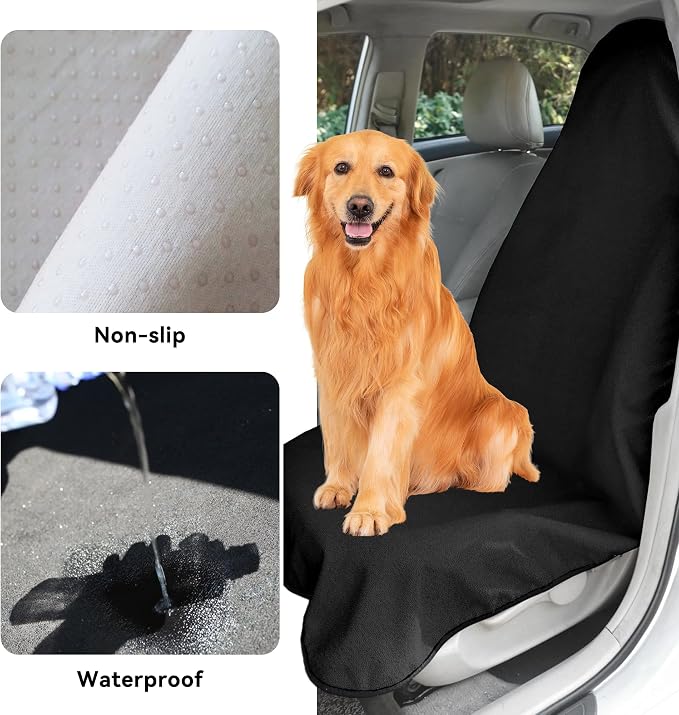 Waterproof Towel Car Seat Cover, Sweatproof Non Slip Towel Carseat Cover, Machine Washable Vehicle Bucket Frontseat Protector Accessories, Universal for SUV, Sedan, Truck (Black)