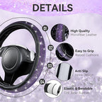 Bling Diamond Leather Car Seat Covers 11 PCS, Sparkly Rhinestone Steering Wheel Cover Glitter Cute Interior Car Accessories Sets Seat Belt Cushion Cup Holder Coaster Women Girl, Violet Purple