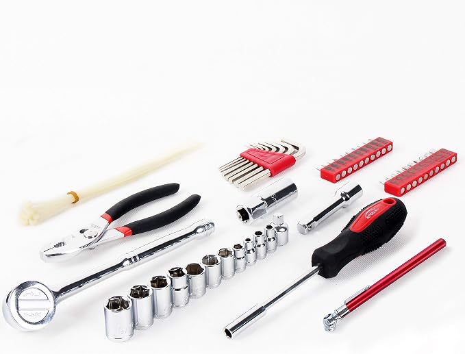 56 Piece Compact SAE Auto Tool Set in Zippered Case, Small Mechanic Tool Set for Car Emergency, Motorcycle Repair on the Road, Great for Travel Tool Needs - Red - DT9774