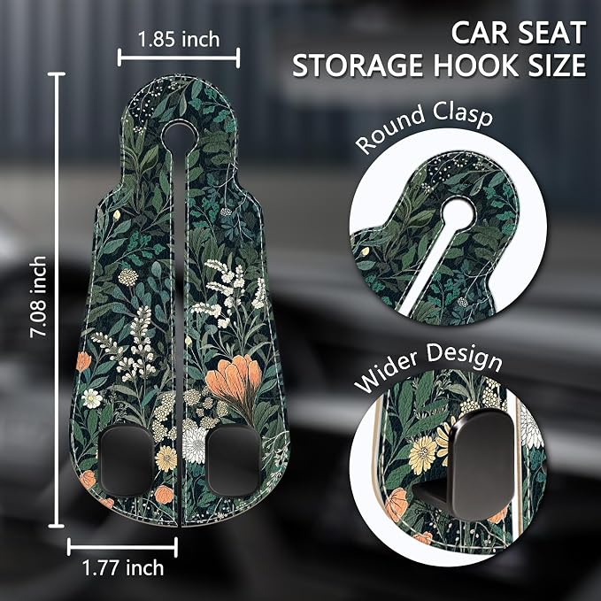 2PCS Car Hooks for Purses Bags, Weeds Floral Flowers Wildflowers Plants Seat Back Storage Headrest Holder Hanger PU Leather Double Backseat Organizer, Women Car Accessories Organization