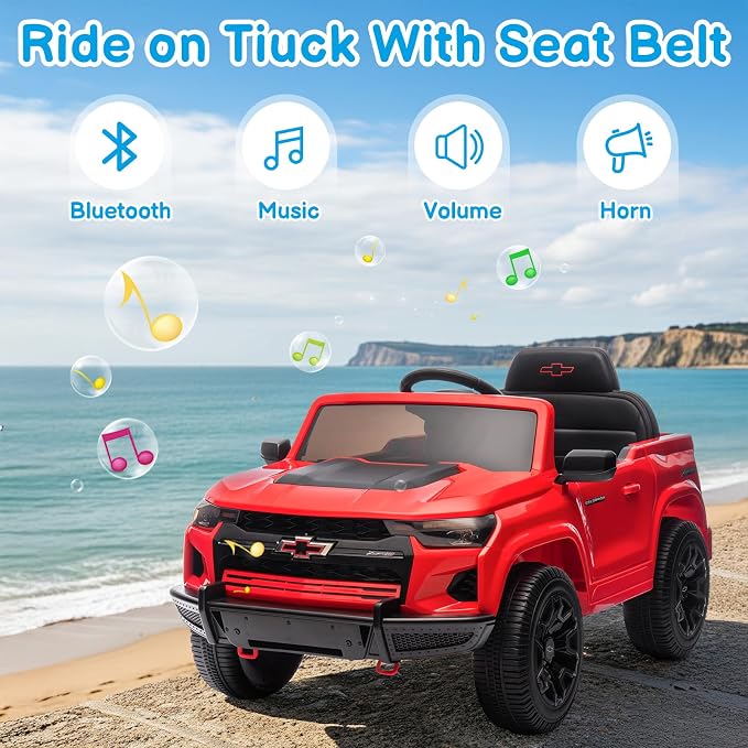 Licensed Chevrolet Colorado Electric Car for Kids, 12V Ride on Toys for Toddlers with Remote Control, Battery Powered Electric Car Ride On Vehicle w/Bluetooth, Soft Start, LED Lights - Red