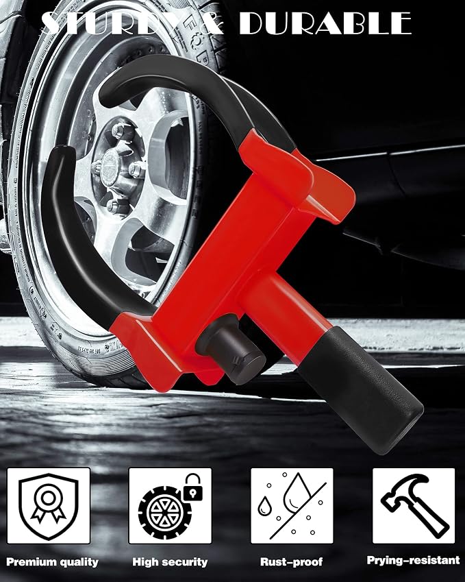 Universal Wheel Lock Heavy Duty Security Trailer Wheel Lock Anti Theft Wheel Locks for Cars SUV Camper Motorcycle Trailer Great Deterrent Bright Color with 3 Keys (Black-red)