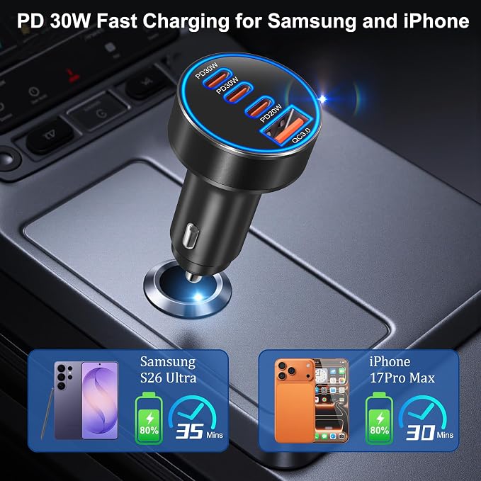 Car Charger USB C, 98W Multiport Fast Car Phone Cigarette Lighter USB Charger 12-24V USB Outlet Car Adapter Plug for iPhone 17/16/15 Pro Max,Galaxy S26/S25/S24 Ultra,Tablet, Android(Black)